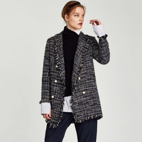 ZARA Jackets & Blazers - New Zara Tweed Coat Pearl Buttons Frayed CoCo Chanel Style